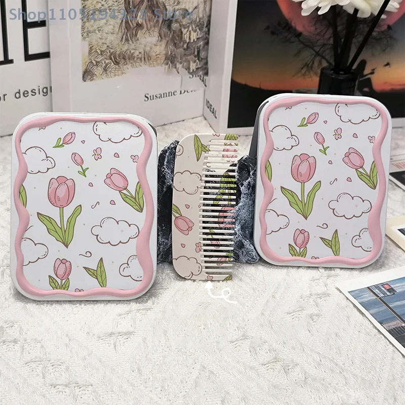 [MP] مرآة مكياج قابلة للطي على شكل زهور، مرآة جيب محمولة للنساء، مرآة مكياج مستطيلة لمستحضرات التجميل مع مشط