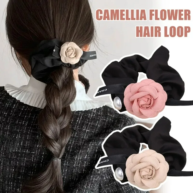 Retro Sweet Hair Ties Scrunchies Hair Rings Satin Camellia Flower Ponytail Holder Hair Rope Elastics Bands Headdress Ornaments