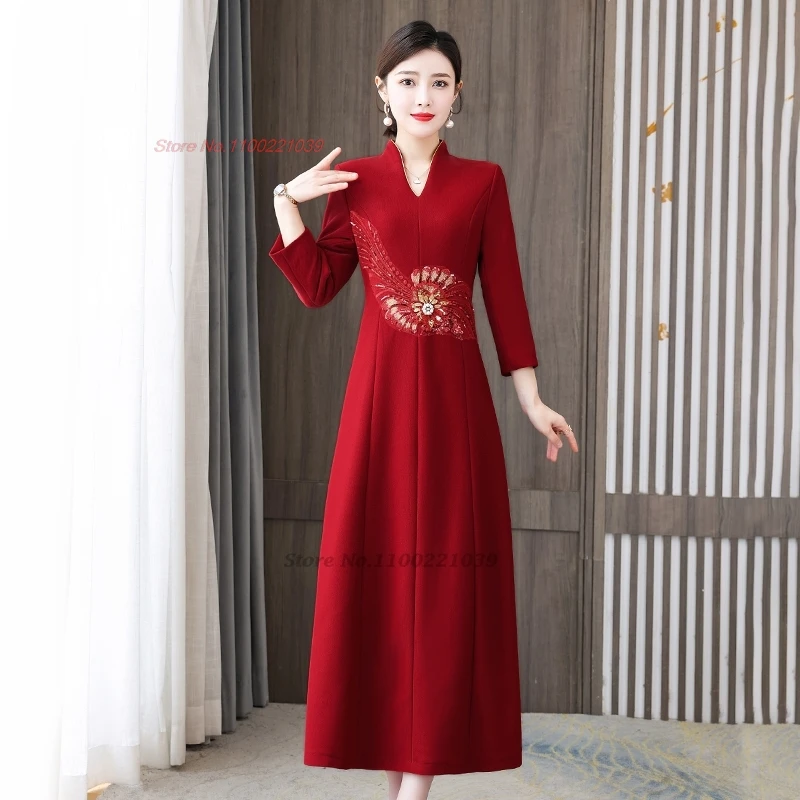 2025, traditionelles chinesisches Vintage-A-Linien-Kleid, verbessertes Qipao, nationale Blumenstickerei, V-Ausschnitt-Kleid, Hochzeit, Qipao-Abendkleid