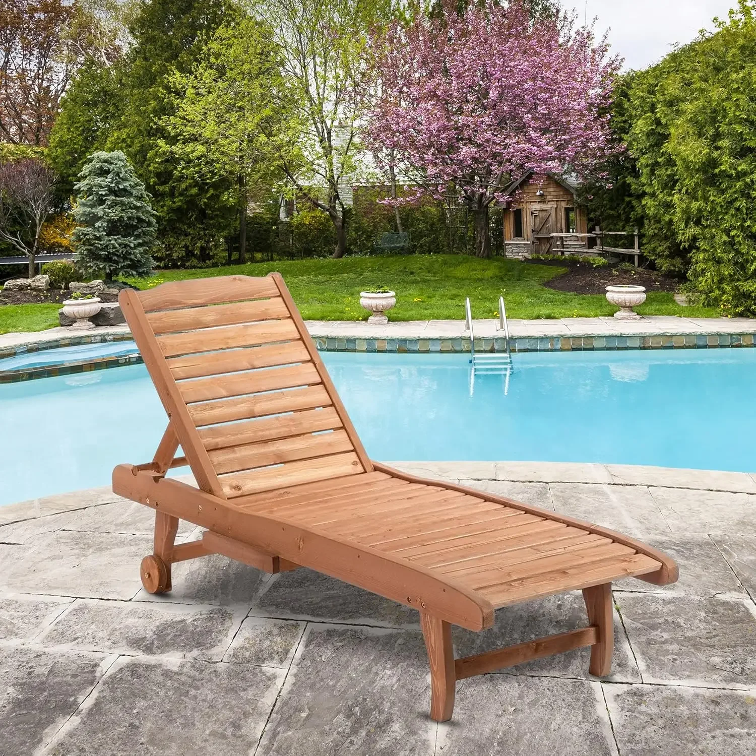 Outdoor Chaise Lounge Pool Chair, Built-in Table, Reclining Backrest for Sun Tanning/Sunbathing, Rolling Wheels, Red Wood Look