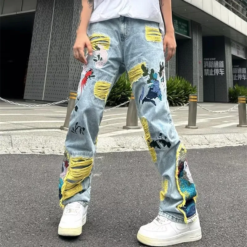 Y2K Techwear Streetwear Stacked Ripped Baggy Jeans Pants Men Clothing Graphic Embroidery Hip Hop Denim Trousers Pantaloni Uomo