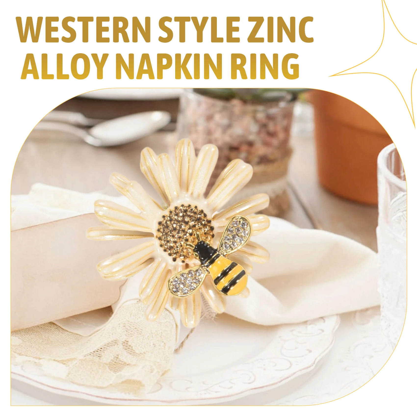 مجموعة حلقات المناديل مكونة من 6 حلقات منديل عباد الشمس ديزي، وحوامل حلقة منديل النحل الذهبي لديكور طاولة الطعام الرسمية أو غير الرسمية