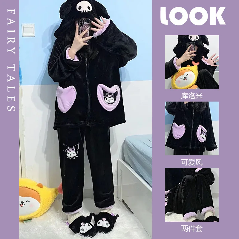 Cute Sanrioed Kuromi Homewear Y2K Plush Pajamas 2 Piece Set Girl Hooded Tops Pants Kawaii Black Winter Coral Fleece Sleepwear