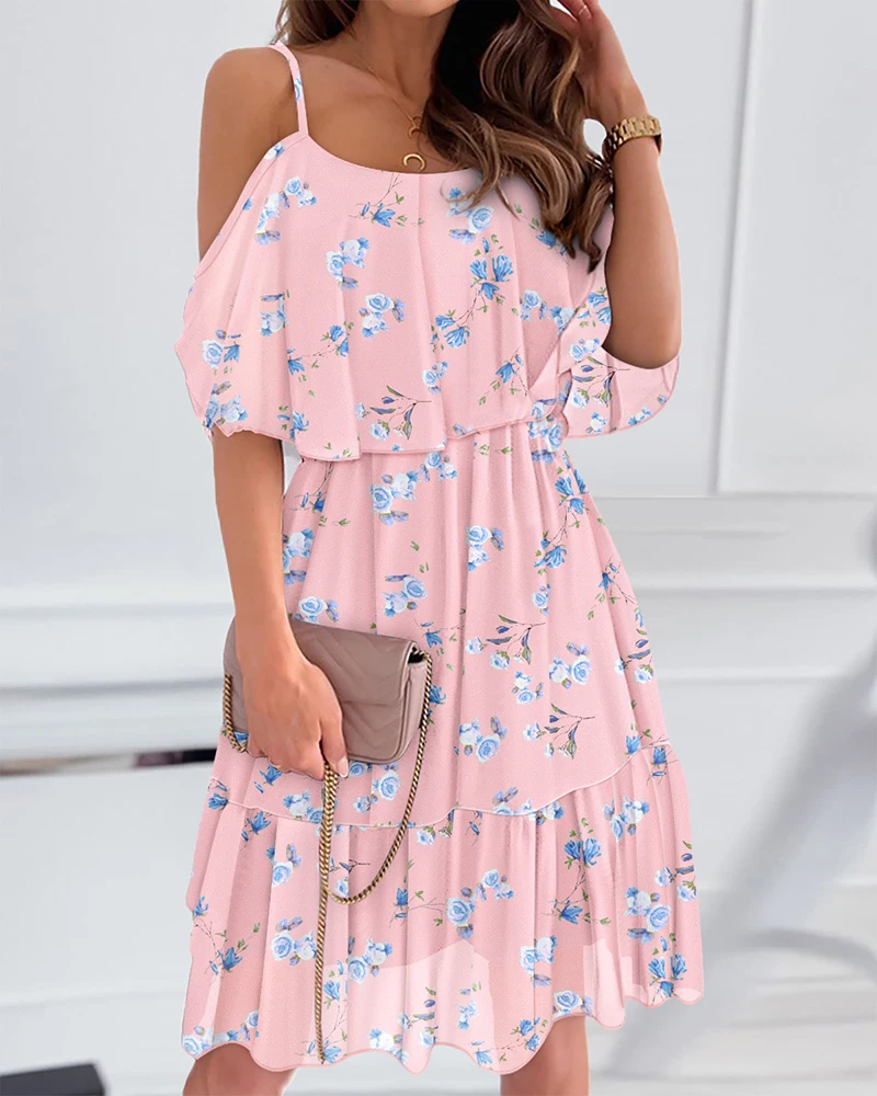 

Printed thin shoulder strap cold shoulder A-line dress
