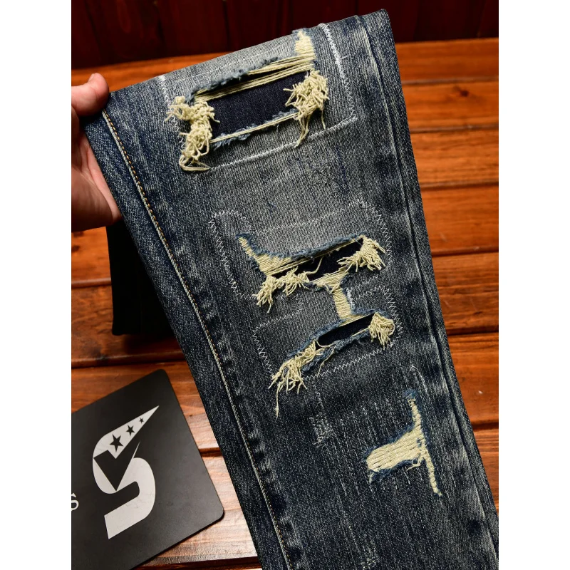 

High end distressed patch retro jeans men's straight leg personality scraped elastic street trend pants