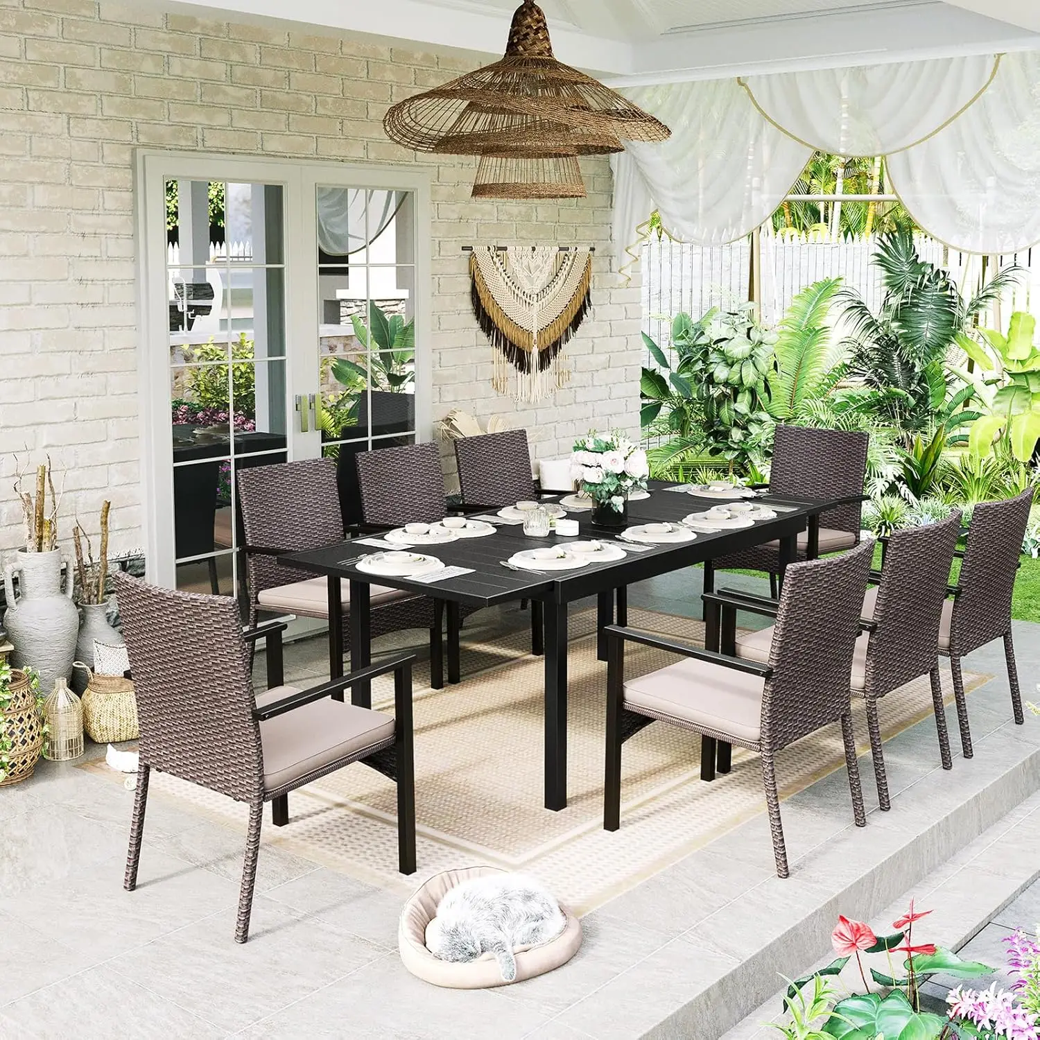 

Outdoor 9 Pieces Patio Dining Set for 6-8 People, Outdoor Expandable Rectangle Metal Table and PE Rattan Chairs with Cushions