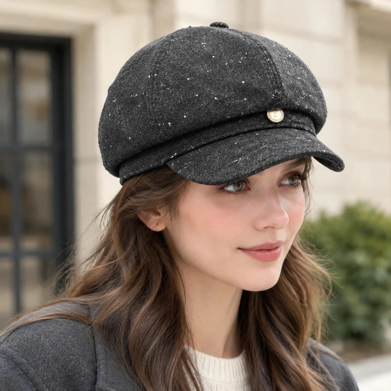 Women Decorative Rhinestones Baker Boy Cap Painter's Hat with Structured Eight-Panel Top and Adjustable Elastic Back for Lady