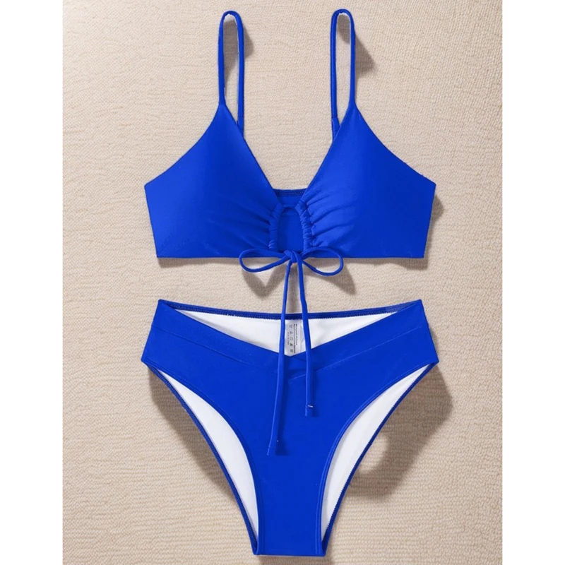 솔리드 수영복 여성 섹시 비키니 속이 비치는 레이스업 하이웨이스트 비키니 수영복 여름 2025 신상 패션 수영복 투피스 세트