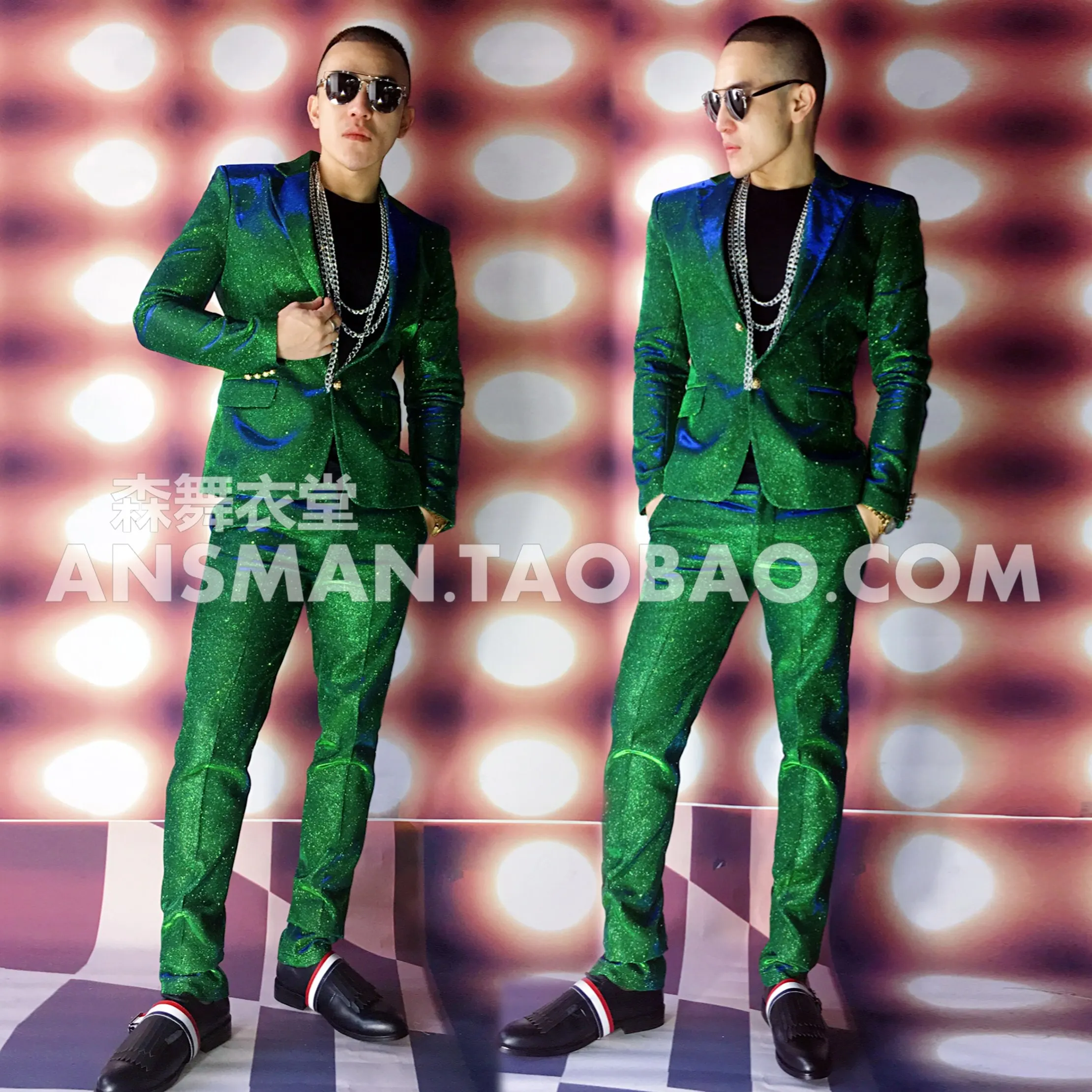 

New Nightclub Bar Singer DJ Hosting Fantasy Electric Light Blue Green Suit Set for Men's Leisure Performance