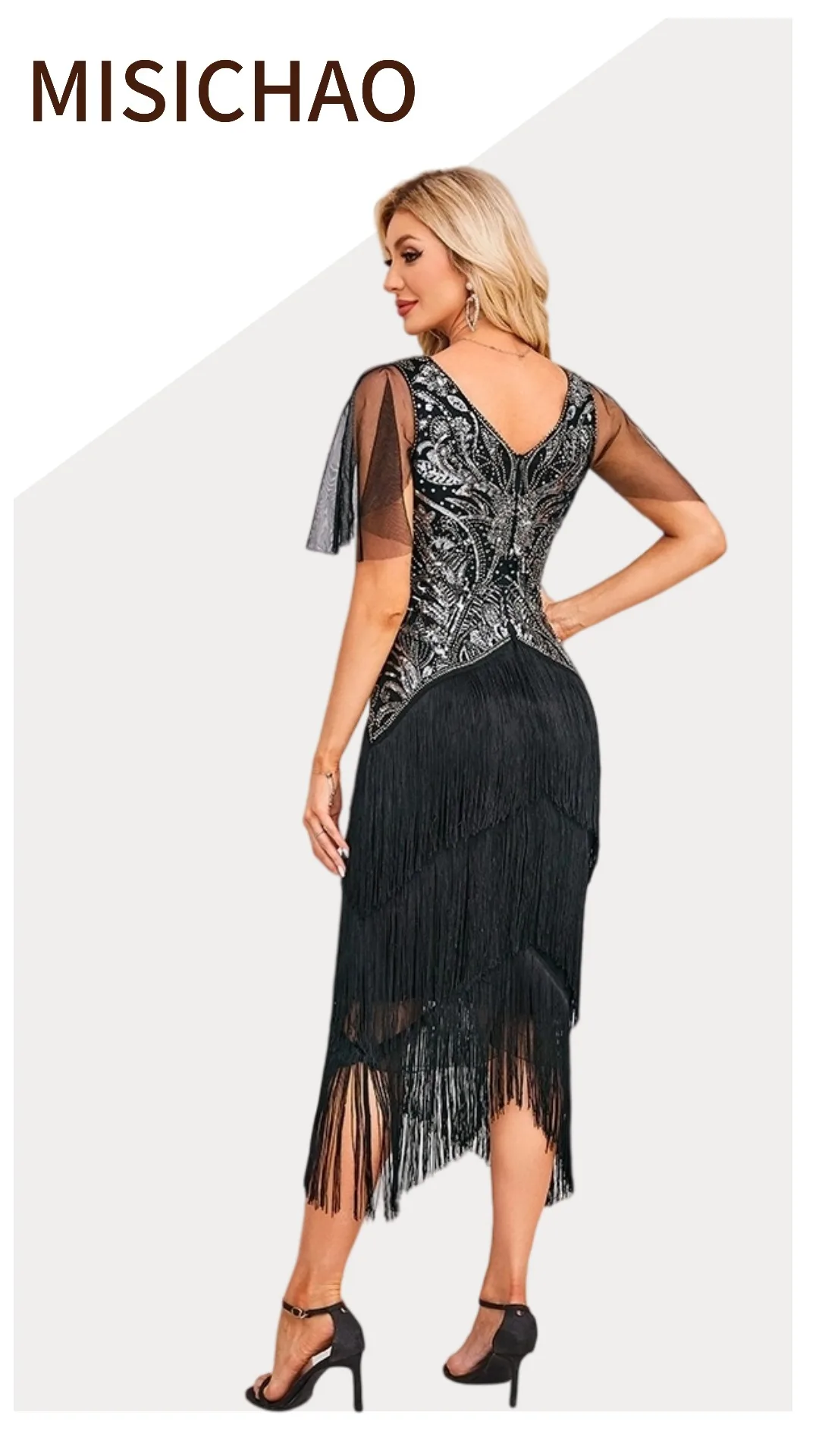 MISICHAO Vestido feminino flapper com decote em V, malha de lantejoulas e contas, manga curta, borla, franja, bainha, midi, vestido de coquetel de noite
