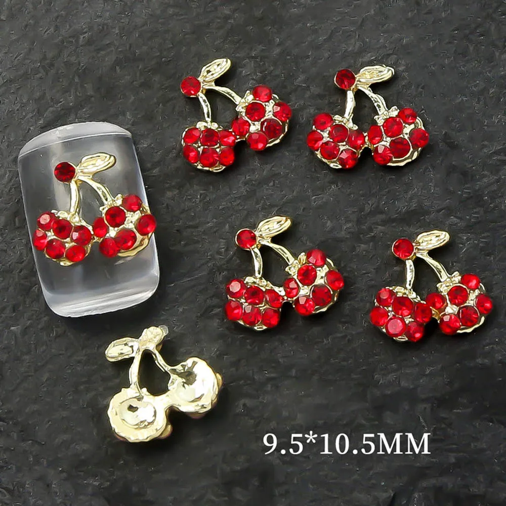 10Pcs/lot 3D Alloy Cherry Nail Charms Luxury Nail Parts Gems Crystal Rhinestones Pink/Red/Silver Stone Nail Art Decorations