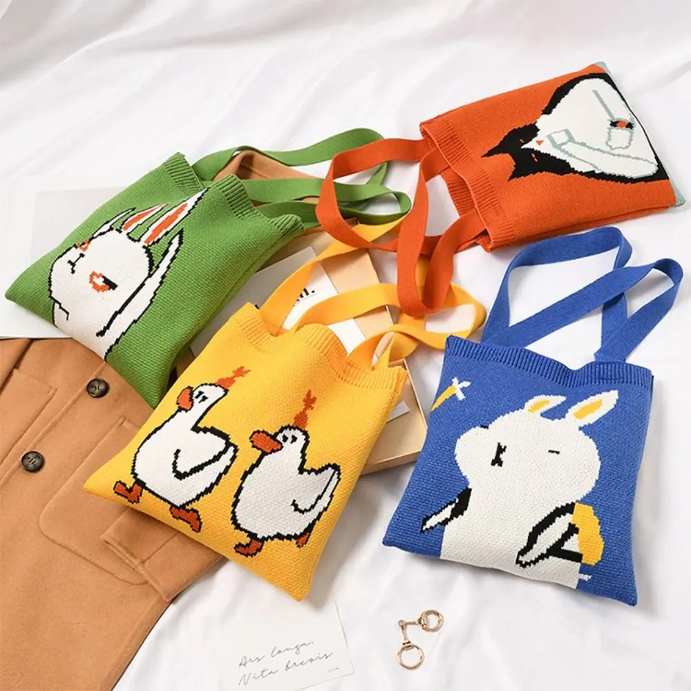 Cartoon Shopping Bags Niche Design Women Girls Knit Handbag Knot Wrist Bag Tote Bag Handmade