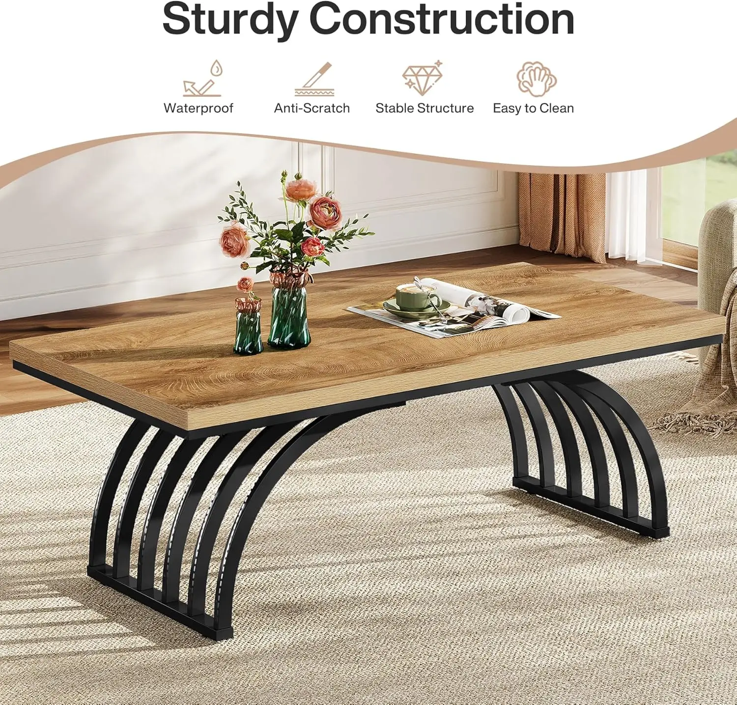 Wood Coffee Table, 47-Inch Rustic Rectangular Center Tea Table with Metal Frame Legs for Living Room, Sofa, Home, Easy Assembly,