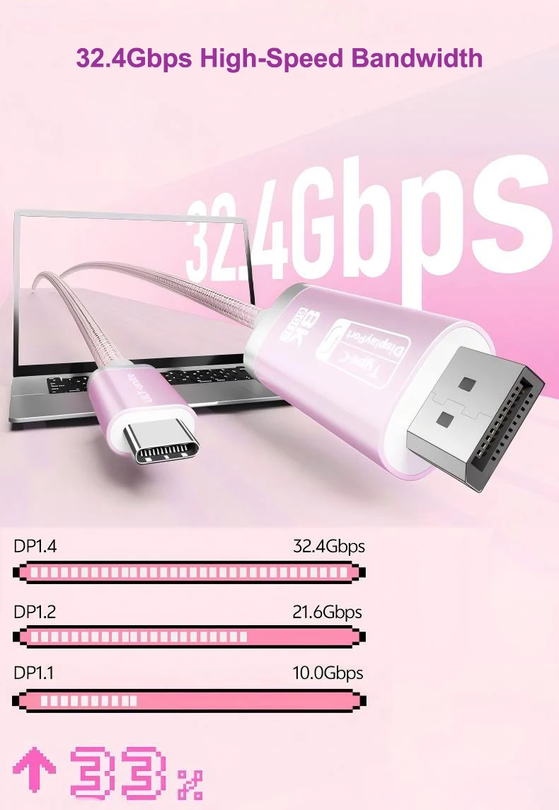 8K 60Hz USB-C zu DisplayPort Kabel, Thunderbolt 3/4 Typ-C zu DP Adapter 4K 240Hz für Valve Index HP Reverb G2 VR-Headset Laptop – Detail 8