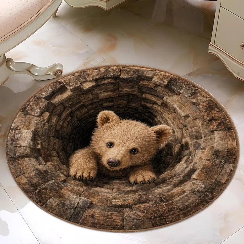 2D Visual Bear Deep Well Round Area Rug Non Slip Funny Illusion Decor Mat Indoor Living Room Bedroom Soft Floor Carpet