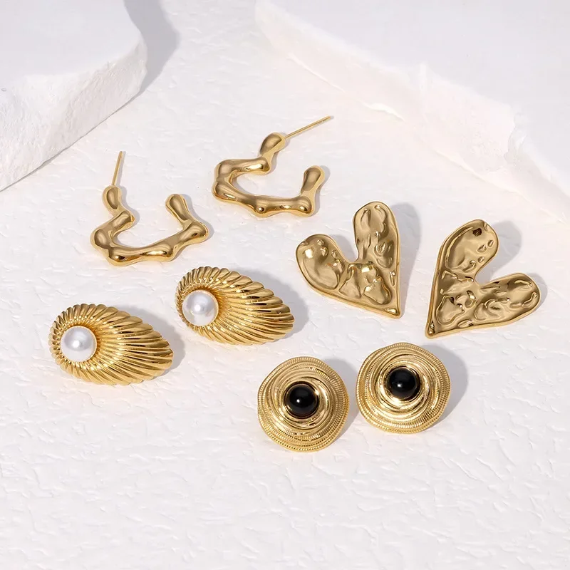 

4 Pair Vintage Gold Stainless Steel Love Ear Titanium Steel Sun Stud Earrings Golden Shell Flower Stud Earring for Women Gifts