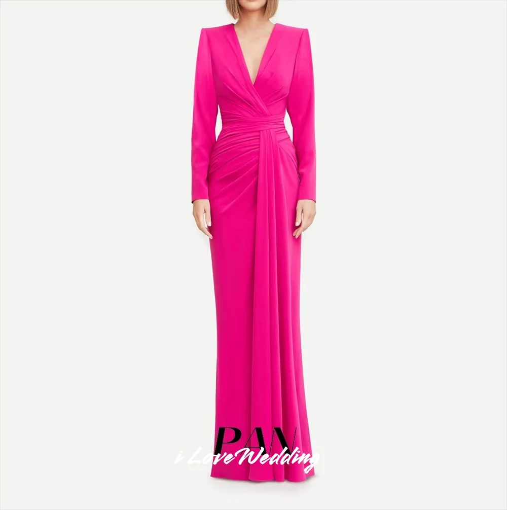 

Pink V-Neck Evening Dresses 2025 Satin Long Sleeve Mermaid Floor-Length Pleated Elegant Dubai Wedding Party Dresses Customized