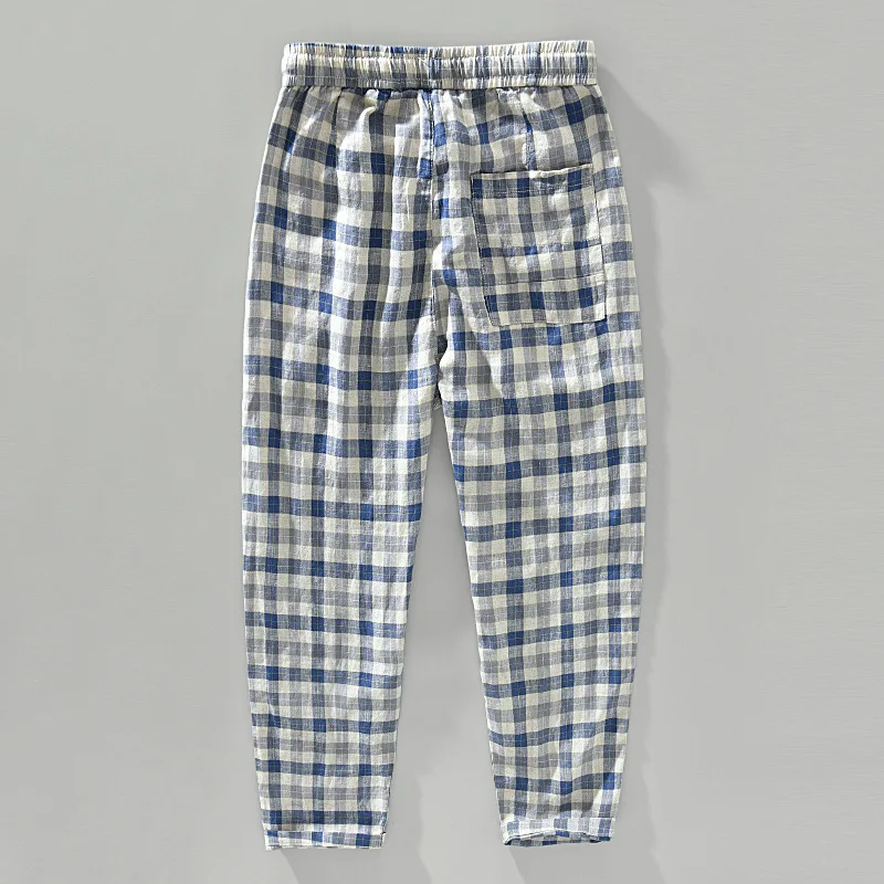 G021 Summer Casual Daily Soft Skin Friendly Breathable Trousers For Man Drawstring Loose Good Quality Linen Blue Plaid Pants