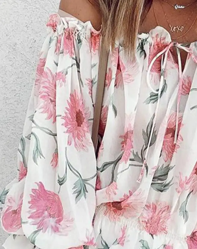Women's Tops 2023 Summer Off Shoulder Chiffon Floral Print Balloon Sleeve Top Tie Detail Long Sleeve Blouses Elegant Crop Top