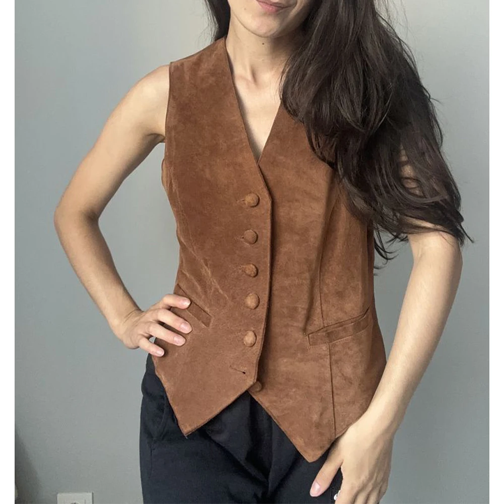 Suede Leather Women\'s Sleeveless Vest Woman Suits Vests Slim Fit Elegant Casual Jackets 2024 Autumn Coat Female Clothing Offer