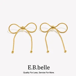 E.B.belle Minimalist Style Gold Plated Stainless Steel Large Size Lines Bow Earrings Waterproof Fashion Women Jewelry