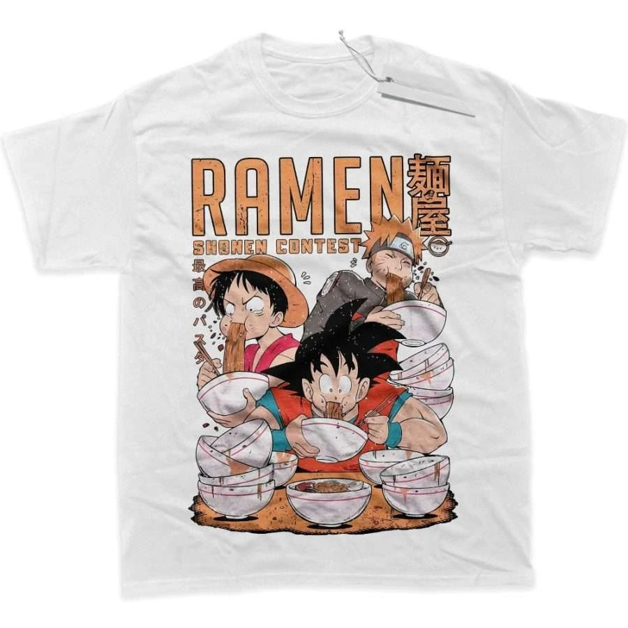 

Men's T Shirt Men's Sports T Shirt Men's Short Sleeve T Shirt Anime Characters Eating Ramen Red Blue Hair Straw Hat Headband