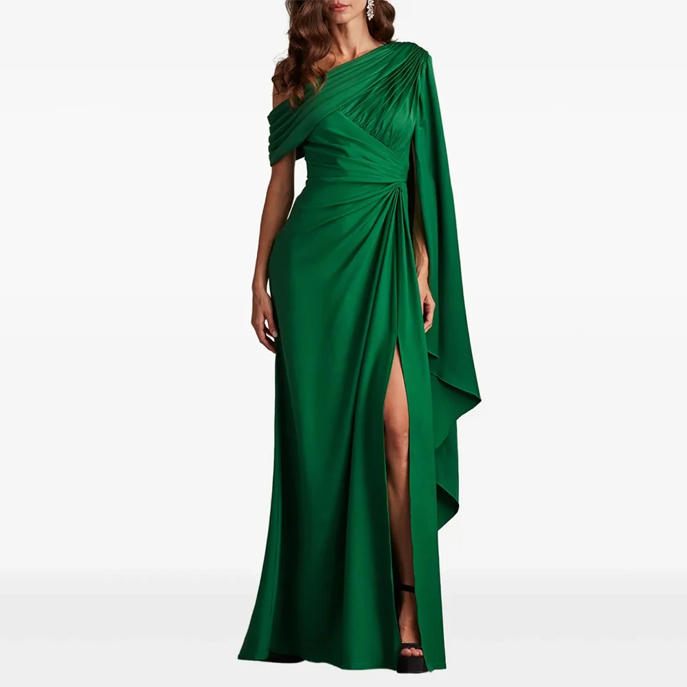 

Green One Shoulder Women's Evening Gown Sheath Prom Dress Floor Length Formal Party Dress Sleeveless Pleat Saudi Dress