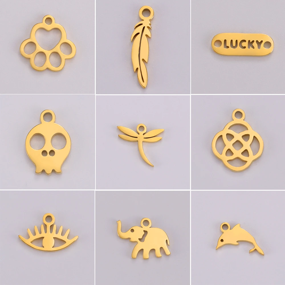 5pcs/Lot Dolphin Elephant Animals Tiny Charms Stainless Steel Pawprint Dragonfly Diy Making Necklace Bracelet Pendants Accessory