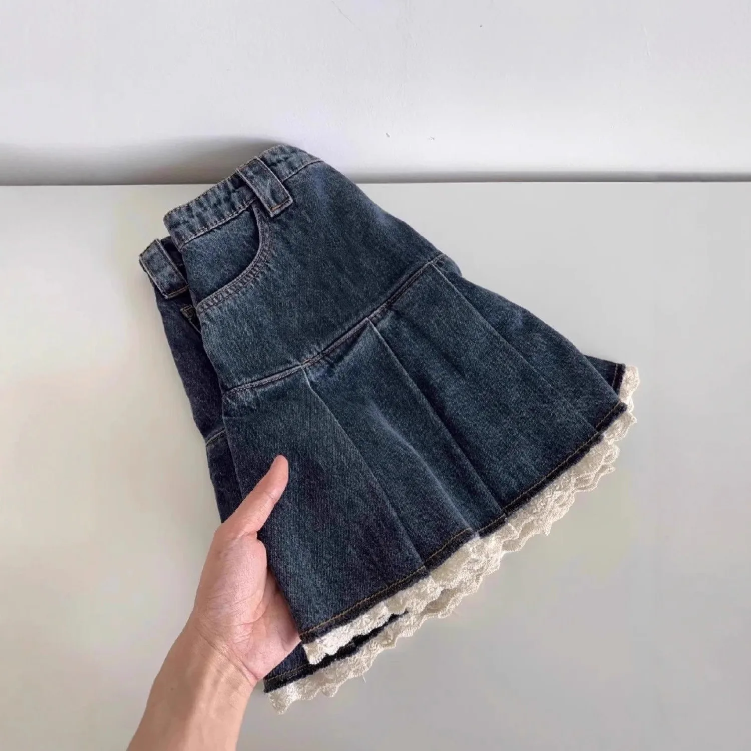 

Spice Girl Vintage Lace Pleated Denim Skirt Women's Summer High Waist A-Word Skirt