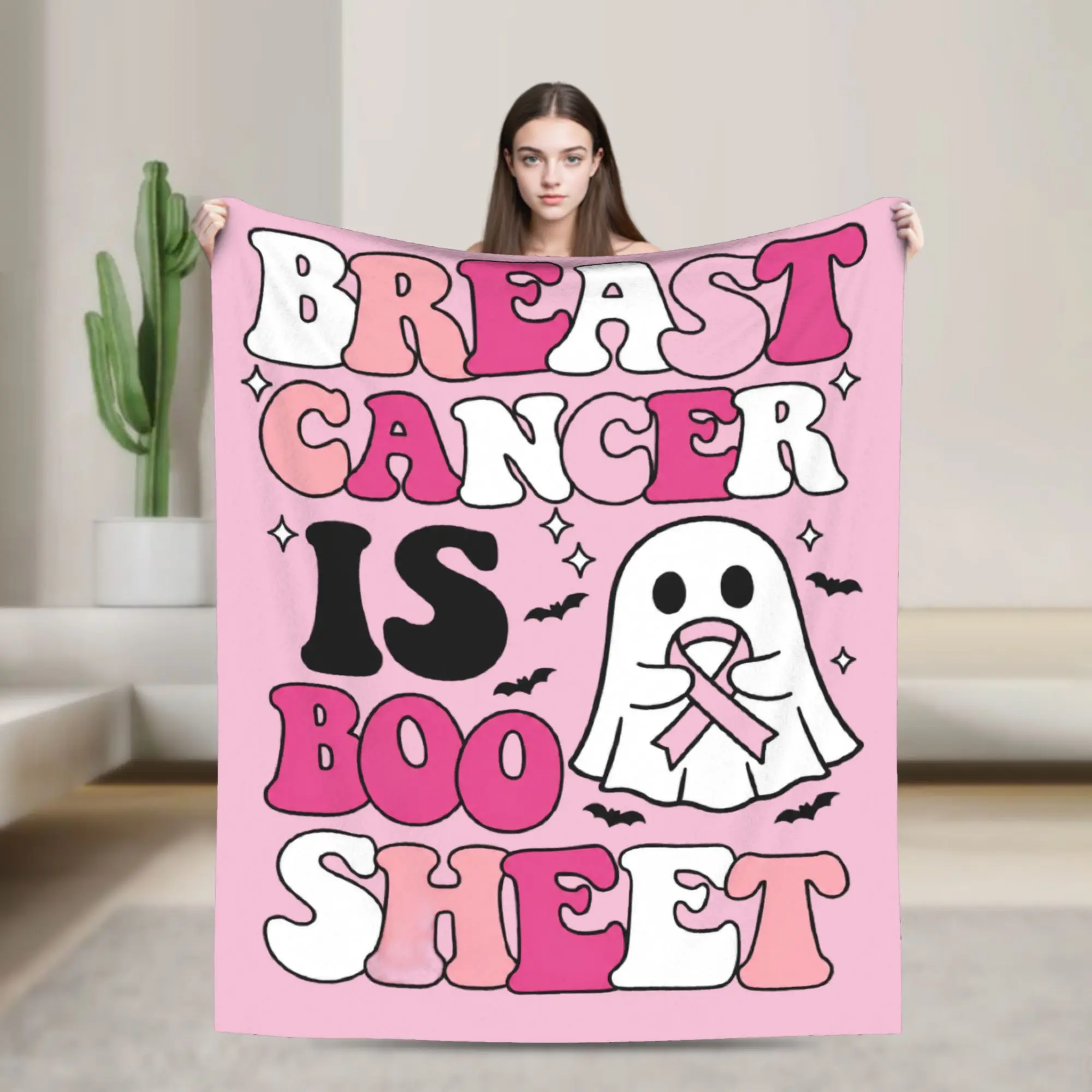Breast Cancer Awareness Pink Ribbon Halloween Breast Cancer Month Ghost Pun Fuzzy Blankets  Awesome Throw Blankets for Bed Sofa