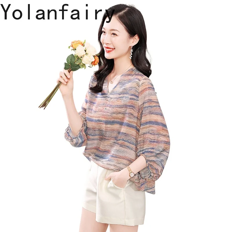 

YOLANFAIRY 100% Real Mulberry Silk T Shirts for Woman Summer Fashion Striped Tee Shirt Femme Elegant Ladies Tops Blouses 2025