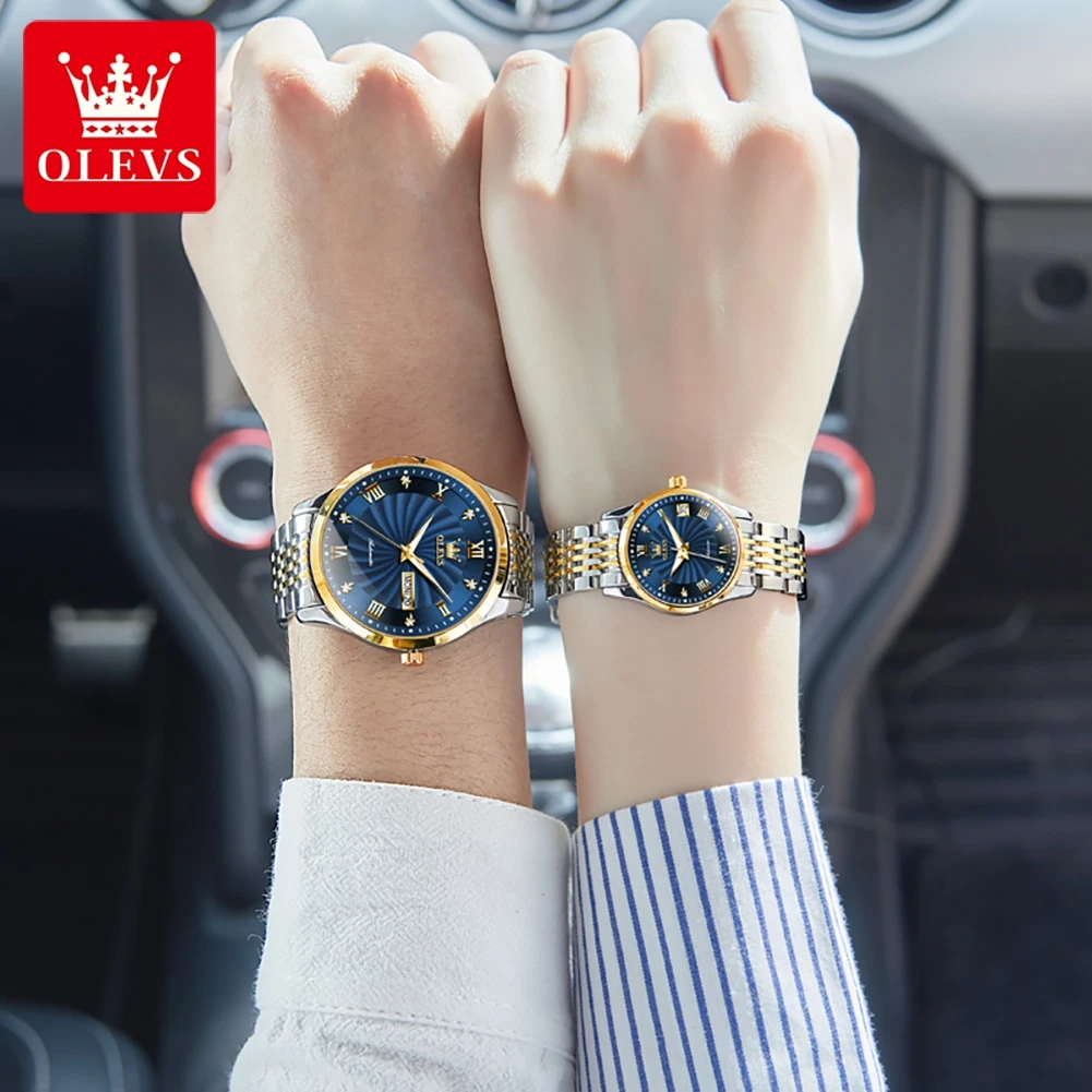 OLEVS Couple Watch Automatic Mechanical Diamond Roman Calendar Wristwatch Fashion Whirlwind Dial Watch Lover Gift His or Her