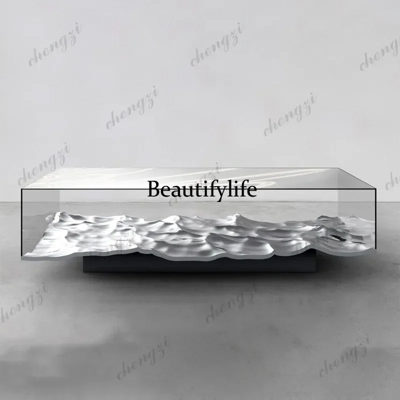 NQ52 Creative furniture stainless steel water ripple coffee table hotel model room electroplated silver gold glass table