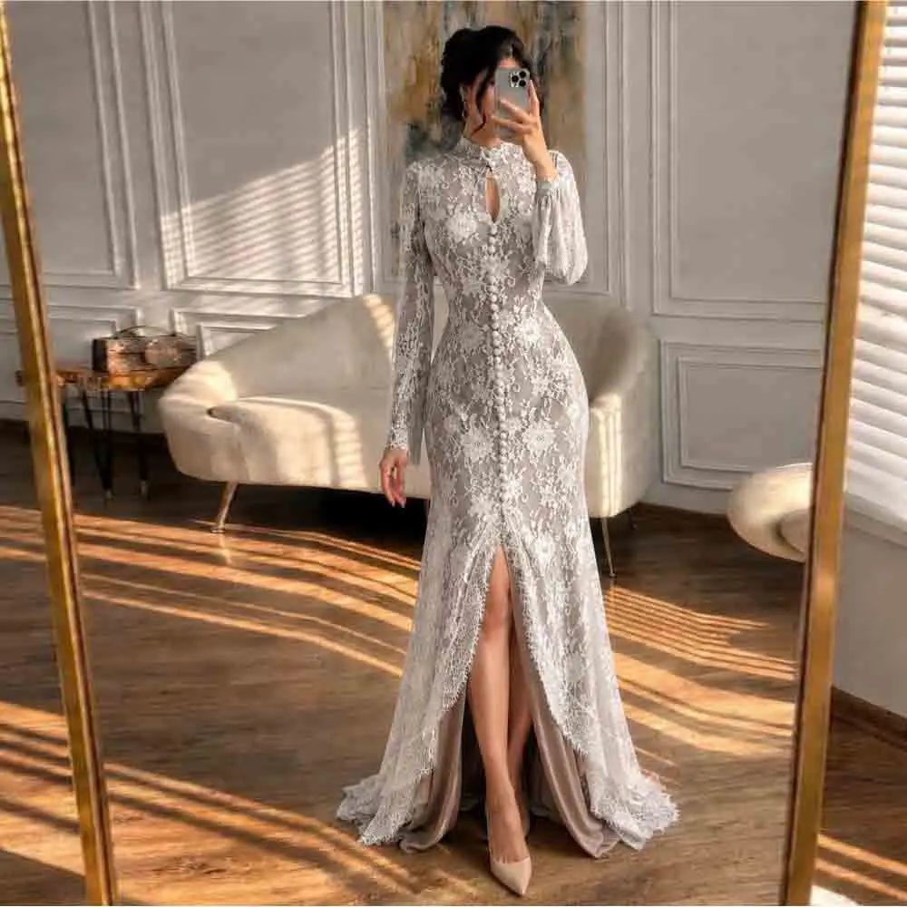 Maßgeschneidertes Meerjungfrauen-Brautkleid aus Spitze mit hohem Ausschnitt, langen Ärmeln, Knöpfen vorne und Trompetenrock – Vestidos de Novia