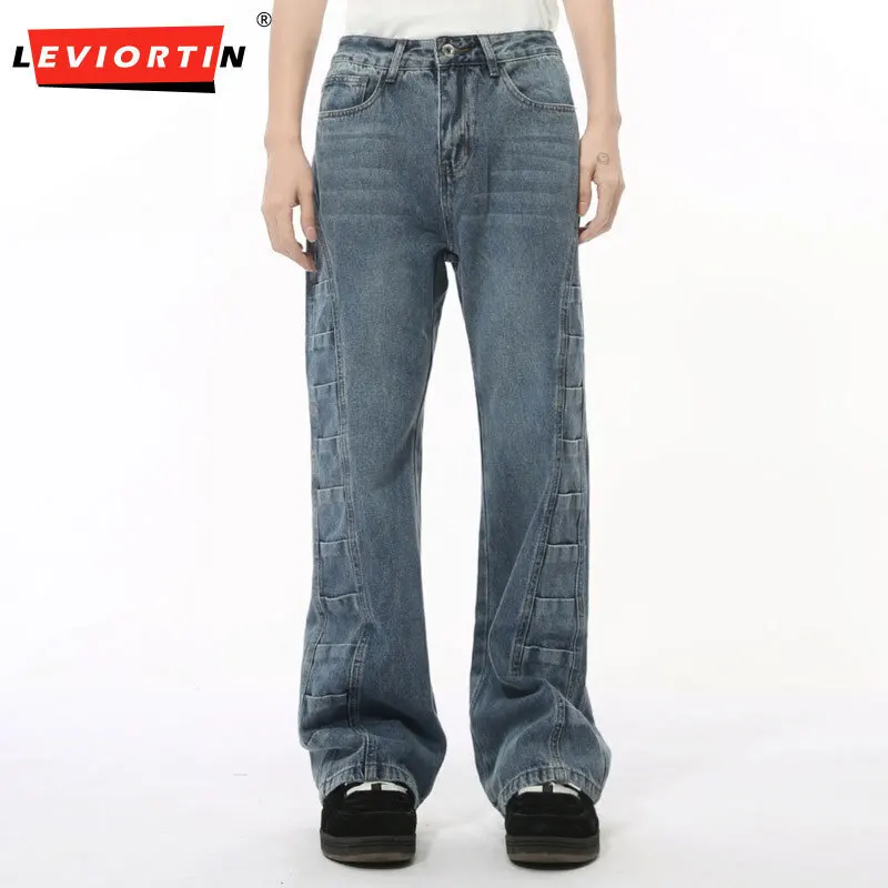 LEVIORTIN Niche Design men's pleated deconstruction straight tube casual solid color loose micro horn fashionable denim pants