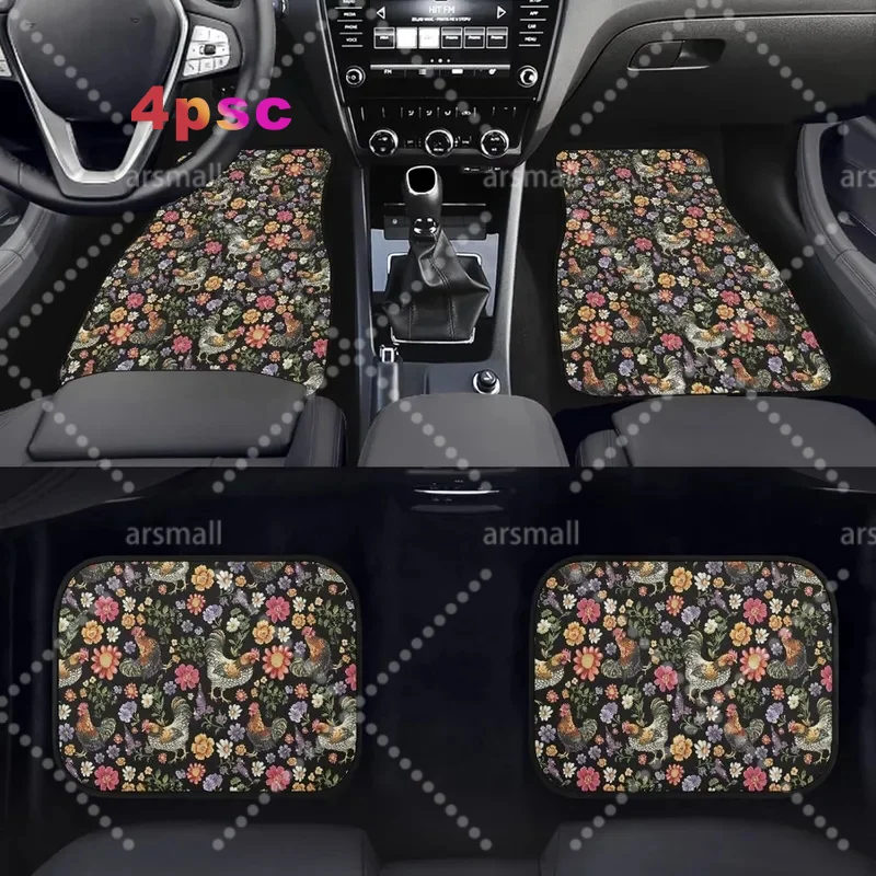 4pcs Waterproof Car Floor Mat Chicken Floral Print Durable Universal Fit Car Carpet Anti-Slip Floor Mats For SUV Vans Sedan Truc