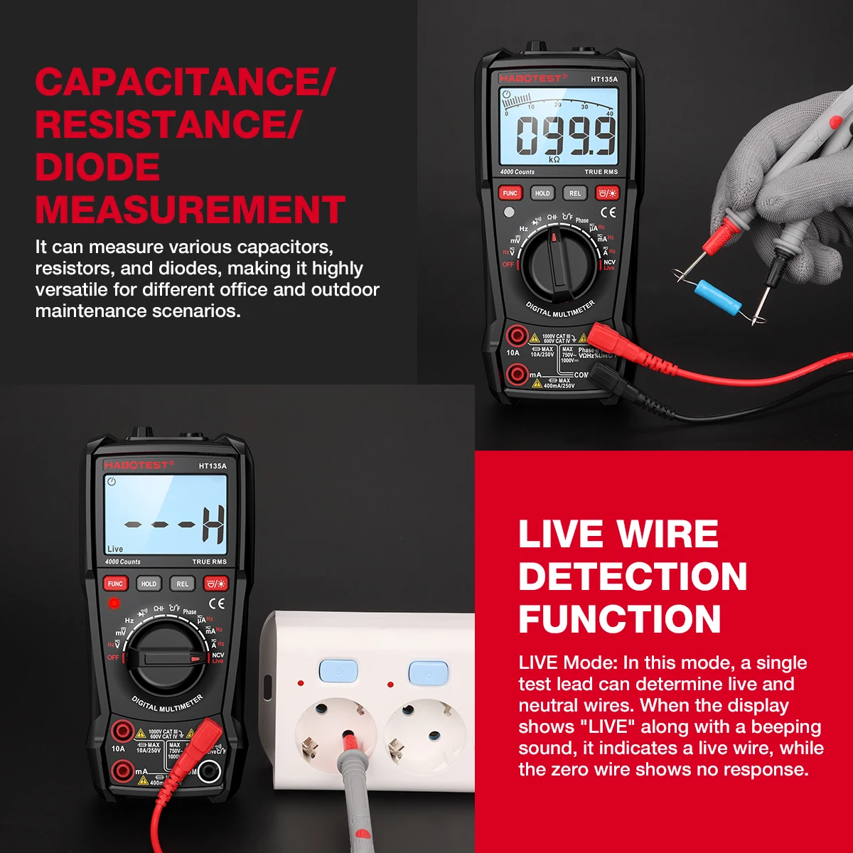 HABOTEST HT135 Digital Multimeter 1000V 10A Multifunctional High Precision Digital Display Electrician Resistance Voltage Meter