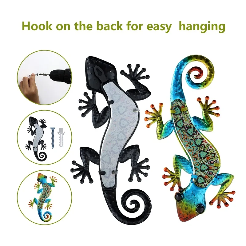 Metal Gecko Wall Decoration, Lizard Garden Art, Hanging Glass Sculpture, Indoor and Outdoor, Terrace Fence, 3 Color, 2 Pcs