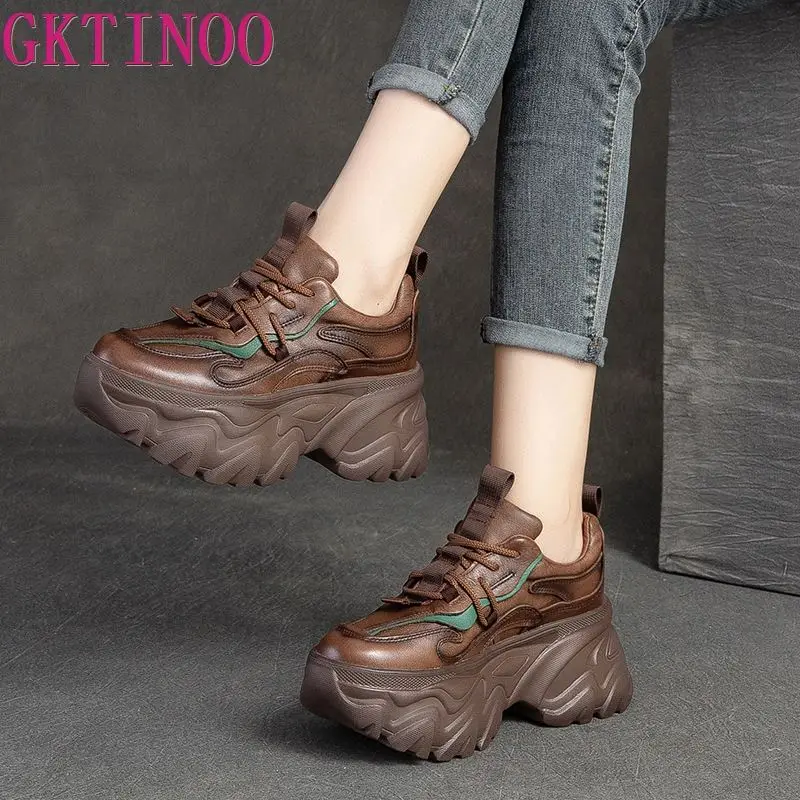 

GKTINOO 7.5cm Naural Genuine Leather Autumn Lace-Up Fashion Ladies Shoes Platform Wedge Hidden Heel Ankle Booties Women Boots