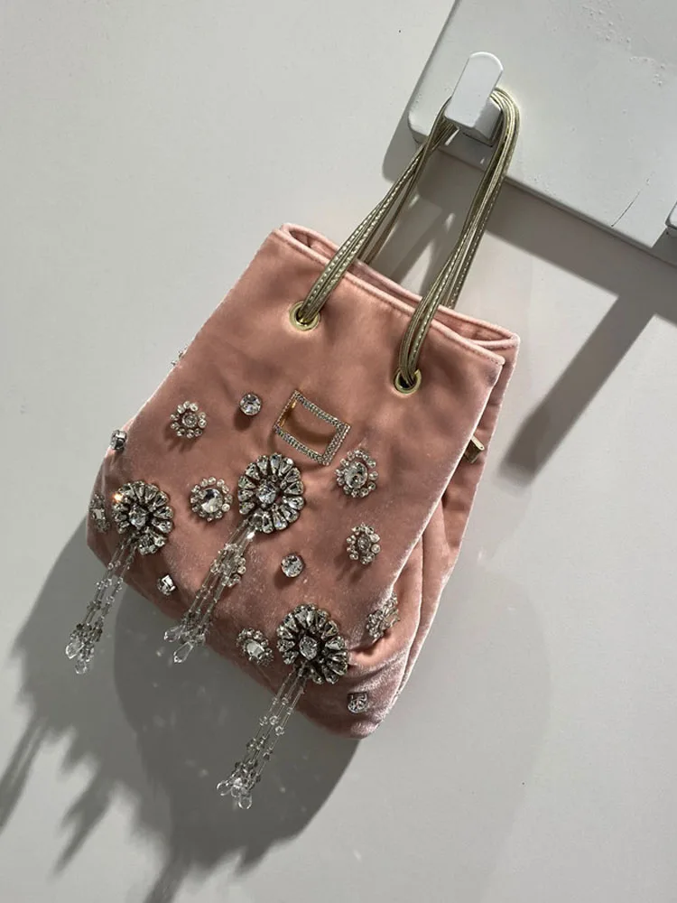 Sweet Ladies Party Shiny Diamonds Tassels Velvet Bucket Bag Women Fashion Crystal Mini Totes Handbag Casual Pink Shoulder Bags