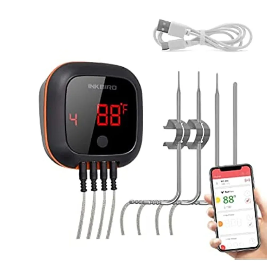 

Беспроводной цифровой термометр для мяса Bluetooth с 4 датчиками, таймером и сигнализацией, радиус действия 150 футов, для барбекю, приготовления пищи, кухни