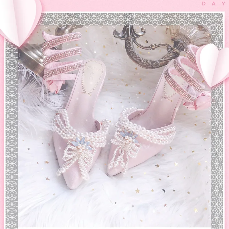 

Lolita Pointed High Heel Shallow Mouth Women's Shoes Gentle Japanese French Retro Shoes Summer Kawaii Shoes Cosplay Loli Shoes