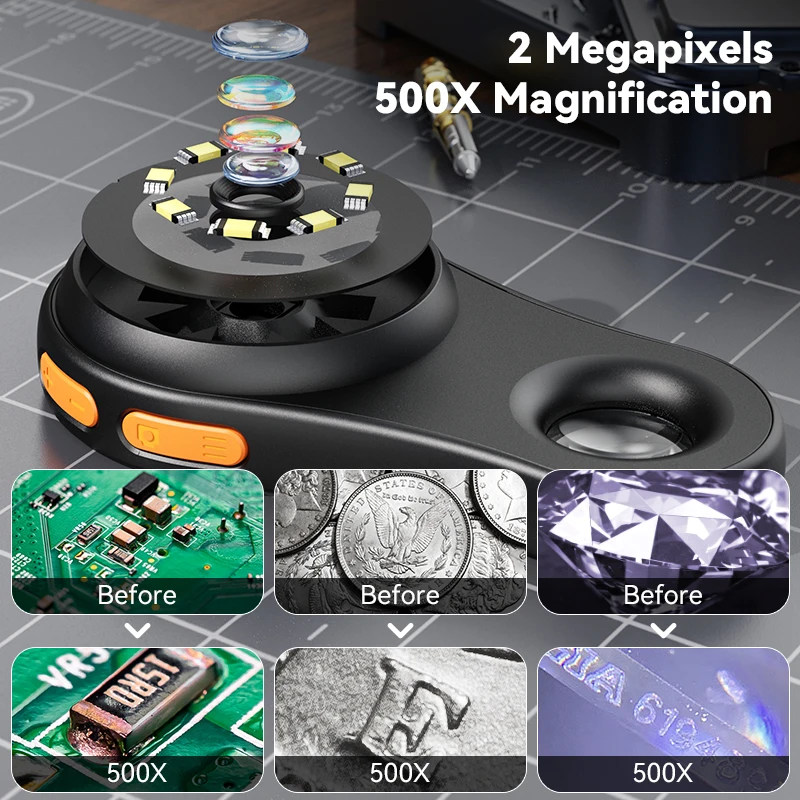 Microscopio Digital Macro Con Pantalla IPS De 2,0″ Y 8 LED – Aumento 500X, Lente 2MP, Portátil Para Electrónica Y Joyería