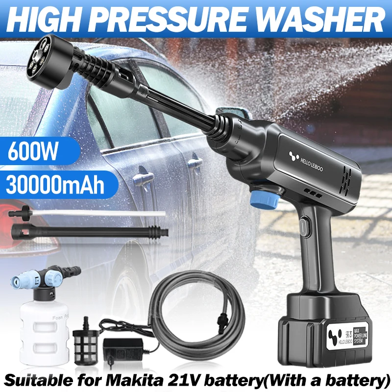 600W High Pressure Water Gun Car Washer 21V 100BAR Car Washing Machine for Auto Cleaning Care Cordless Protable Car Wash Spray