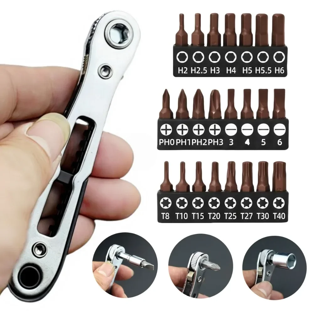 Right Angle Screwdriver Set Mini Ratcheting 90 Degree Offset Screwdriver Pocket Low Profile Ratchet Wrench Bit Socket Set