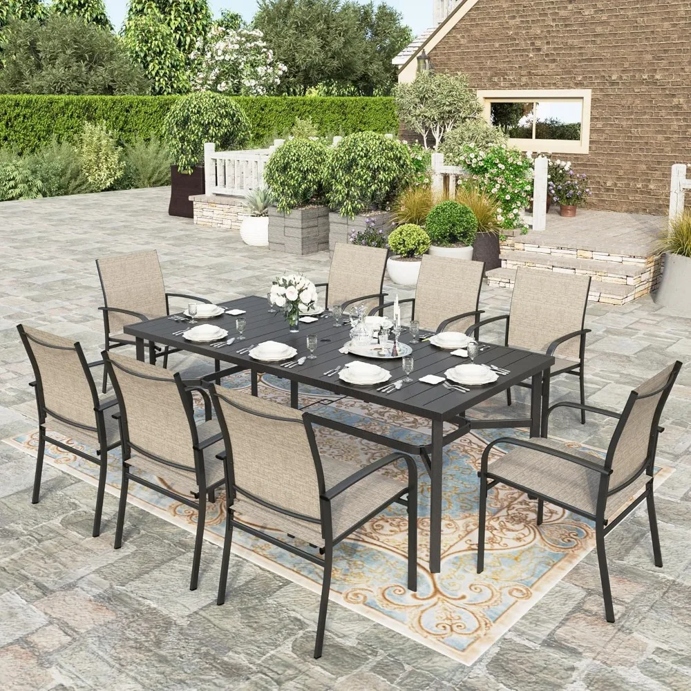 8 x Brown Textilene Patio Chairs and 1 x 83 Large Rectangle Dining Table, Outdoor Furniture Set for Deck Dining Room Sets