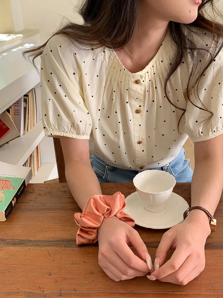 White Tiny Black Polka Dot Blouse Women Round Neck Gathered Front Puff Short Sleeve Button Down Casual Shirt