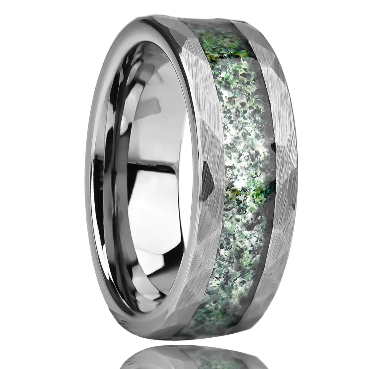 

New Trendy 8mm Men's Women's Luxury Style Moss Agate Inlay Tungsten Steel Rings Popular Natural Gemstone Engagement Ring