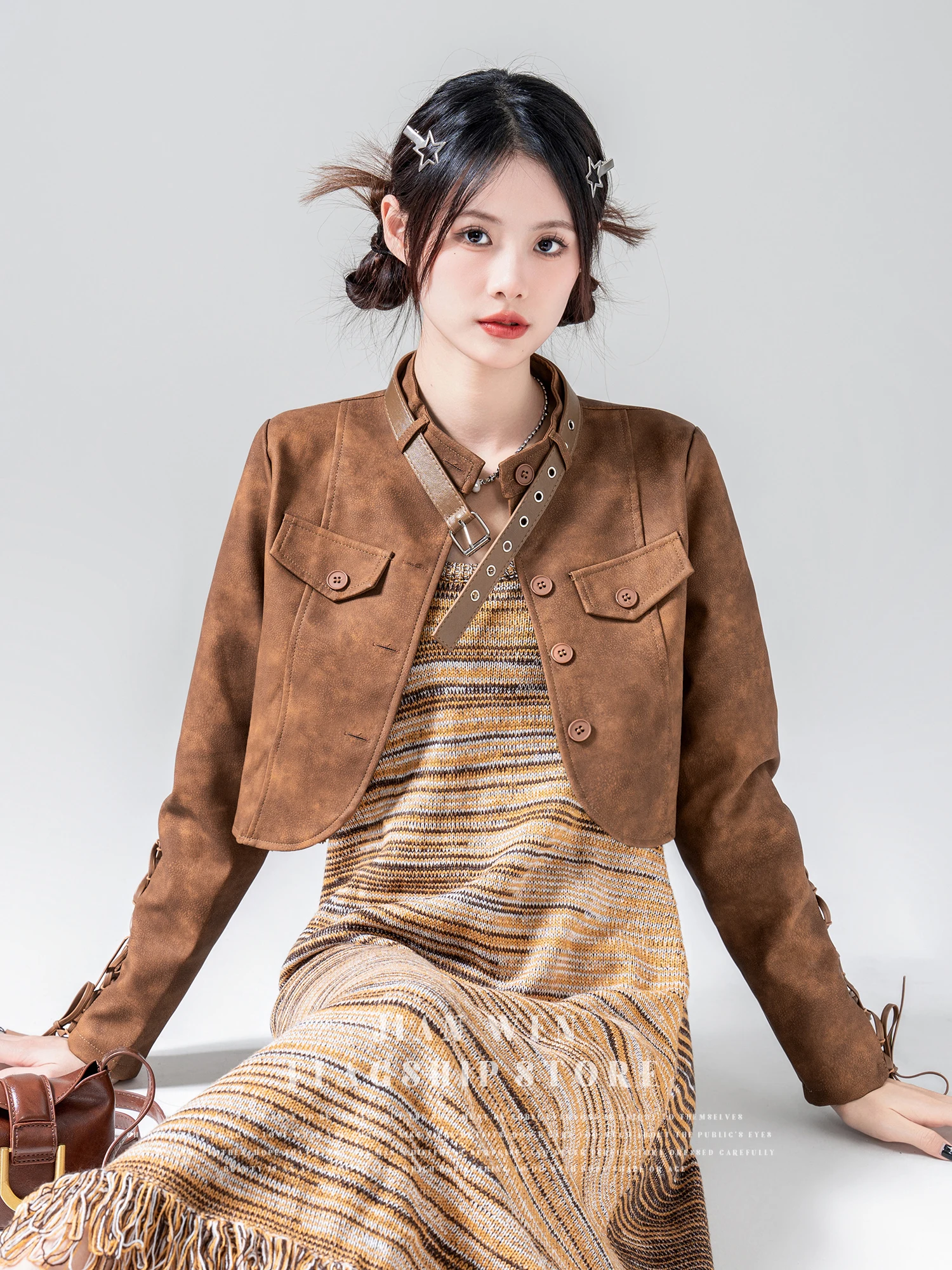 

2024 Spring and Autumn Retro Stand Collar PU Leather Jacket Short Coat Women's Design Sense Brown Hong Kong Style Short Jacket