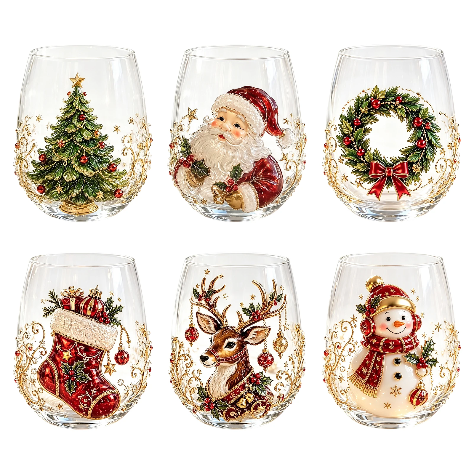 Christmas Glass Art Cup with Santa Snowman Reindeer Holiday Festive Drinkware Gift 4.72in for Friends Family